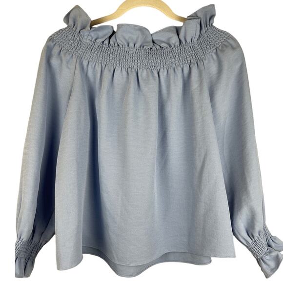 Tuckernuck Sky Blue‎ Ruffled Off-The-Shoulder Marguerite Blouse Size Small - Picture 3 of 10